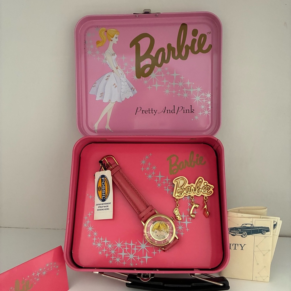 NWT Barbie Pretty And Pink Fossil Watch Boxed Set. 1994 Ltd Ed.. Pink Leather